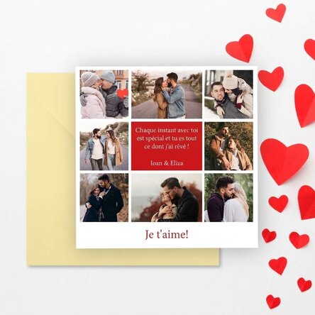 Carte carrée personnalisée avec 8 photos et un message - Love