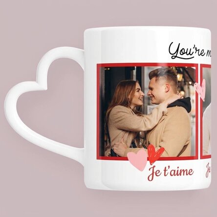 Tasse personnalisée avec 3 photos et un texte - « My favorite » - modèle avec anse en forme de cœur