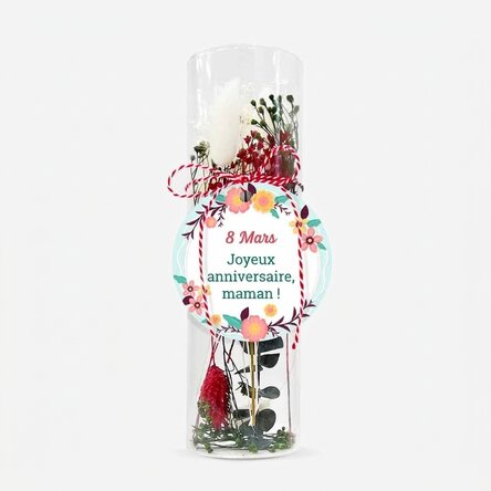 Pendentif « martisor » en verre avec fleurs stabilisées, personnalisé avec un message