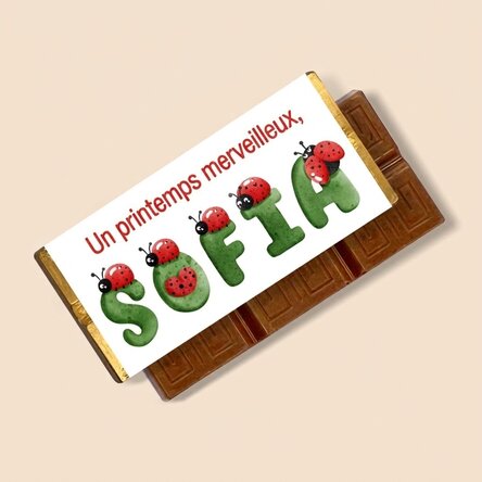 Mini-tablette de chocolat personnalisée avec un message et un prénom - Coccinelles