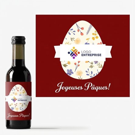 Mini-bouteille de vin personnalisée avec un logo et un message pour Pâques