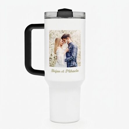 Tasse isotherme avec poignée et paille, personnalisée avec une photo et un prénom