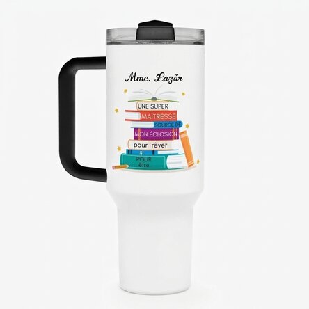 Tasse isotherme avec poignée et paille, personnalisée avec un message - Books