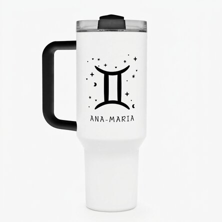 Tasse isotherme avec poignée et paille, personnalisée avec un texte - Signe du zodiaque : Gémeaux