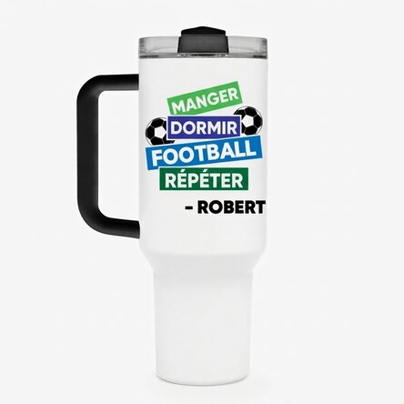 Tasse isotherme avec poignée et paille, personnalisée avec un prénom - Football