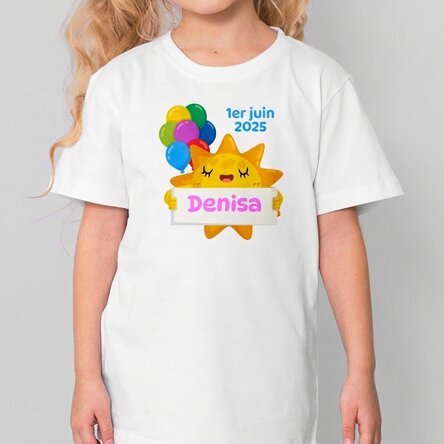 T-shirt en coton pour enfants personnalisé avec un message - Soleil et ballons colorés