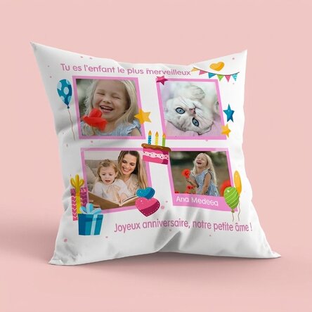 Coussin personnalisé avec 4 photos et un message - Joyeux anniversaire, les enfants