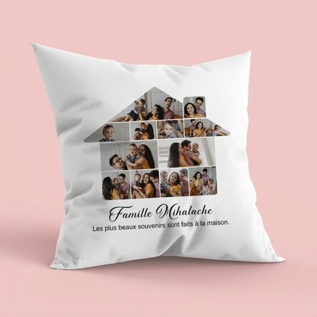 Coussin personnalisé avec 12 photos et un texte - Notre maison