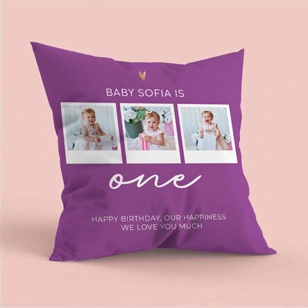 Coussin personnalisé avec 3 photos et un message - Anniversaire de bébé