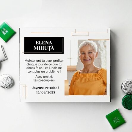 Boîte de bonbons personnalisée avec un message et une photo - Départ à la retraite