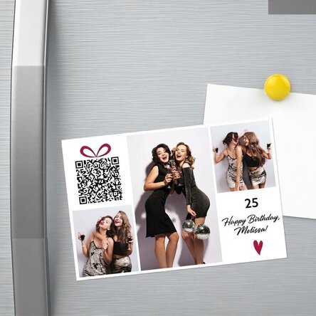 Aimant personnalisé de 15 x 10 cm avec texte, photos et code QR - Joyeux anniversaire !