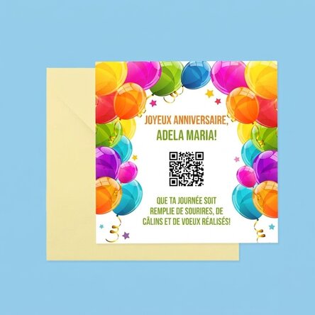 Carte carrée personnalisée avec texte et code QR - Joyeux anniversaire !