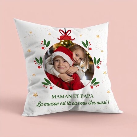 Coussin personnalisé avec une photo et un texte - À la maison pour Noël
