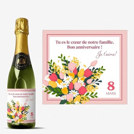 Bouteille moyenne de vin mousseux personnalisée avec un texte - Fleurs