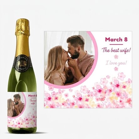 Bouteille moyenne de vin mousseux personnalisée avec un texte et une photo - Fleurs