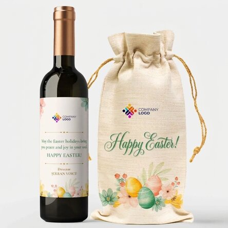 Gift set with personalised wine bottle and bag with logo - Happy Easter!