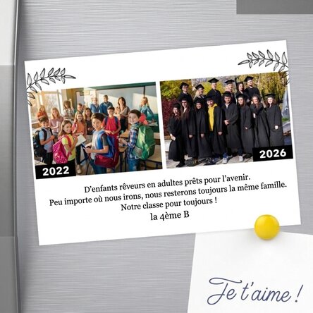 Aimant personnalisé de 18 x 13 cm avec 2 photos et un texte - Hier et aujourd'hui
