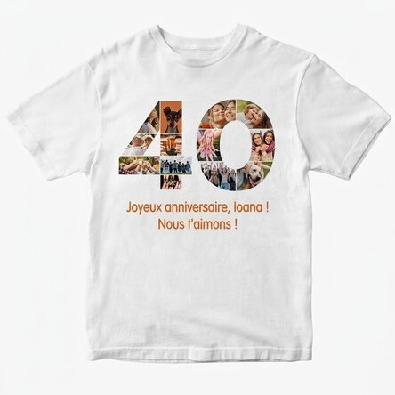 T-shirt en coton personnalisé avec 13 photos et un message - 40 ans