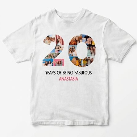 T-shirt en coton personnalisé avec 12 photos et un message - 20 ans
