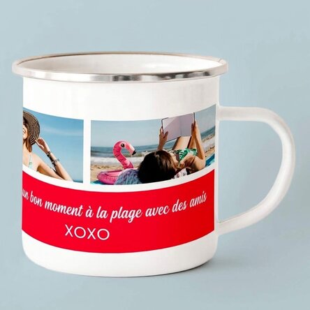 Tasse en métal émaillée personnalisée avec 3 photos et un texte