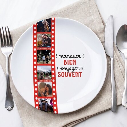 Assiette personnalisée avec 6 photos - Mangez bien, voyagez souvent