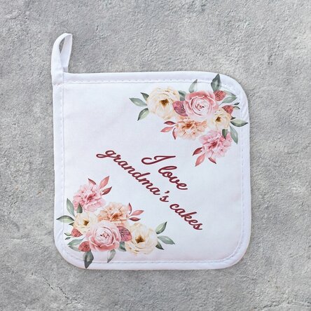 Personalised hot pot holder with text - Grandma's cakes