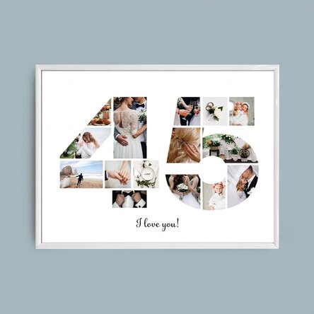 Personalised landscape canvas with 15 photos, model number 45, and text message