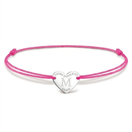 Bracelet à cordon personnalisé - cœur 12 x 10 mm - argent 925 - modèle initiale 4