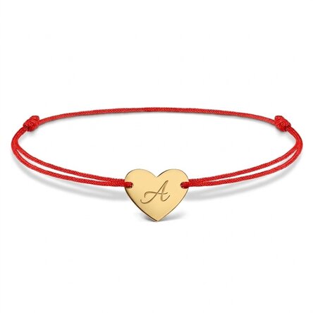Bracelet à cordon personnalisé - cœur 12 x 10 mm - or 14 carats - modèle initiale 5