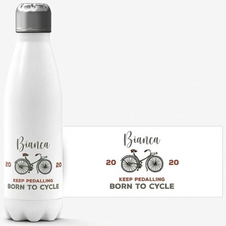 Thermos with white base personalised with name and text - Bicycle