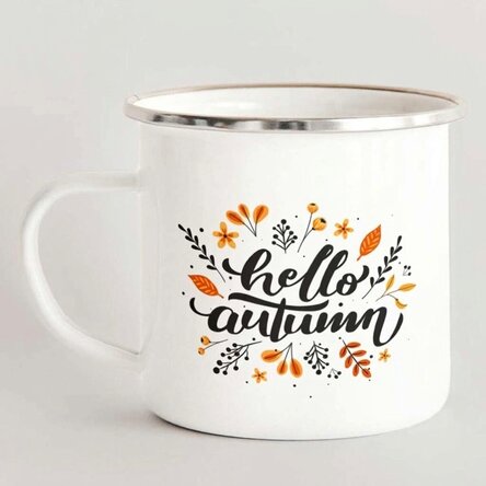 Tasse en métal émaillée avec inscription - « hello autumn »