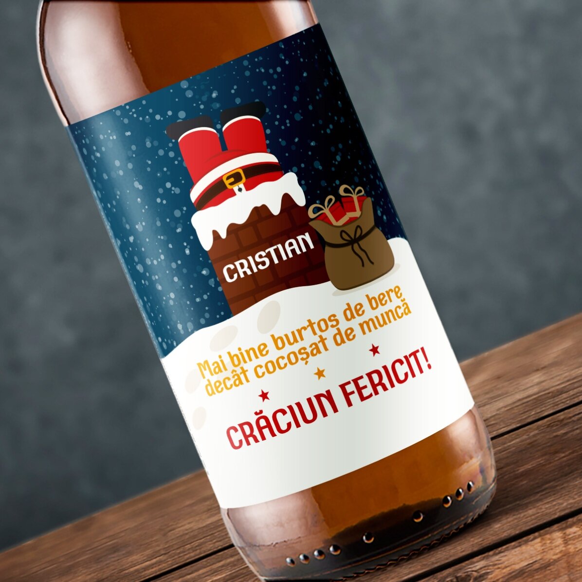 Bière personnalisée avec un texte - Le Père Noël dans la cheminée