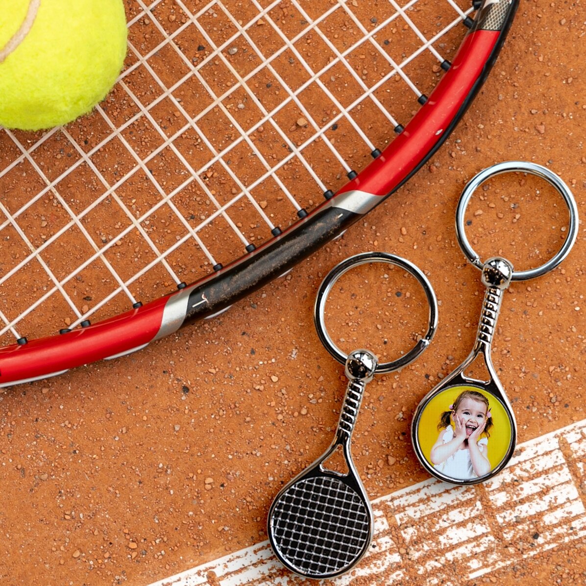 Porte-clés en forme de raquette de tennis personnalisé avec photo - Happy