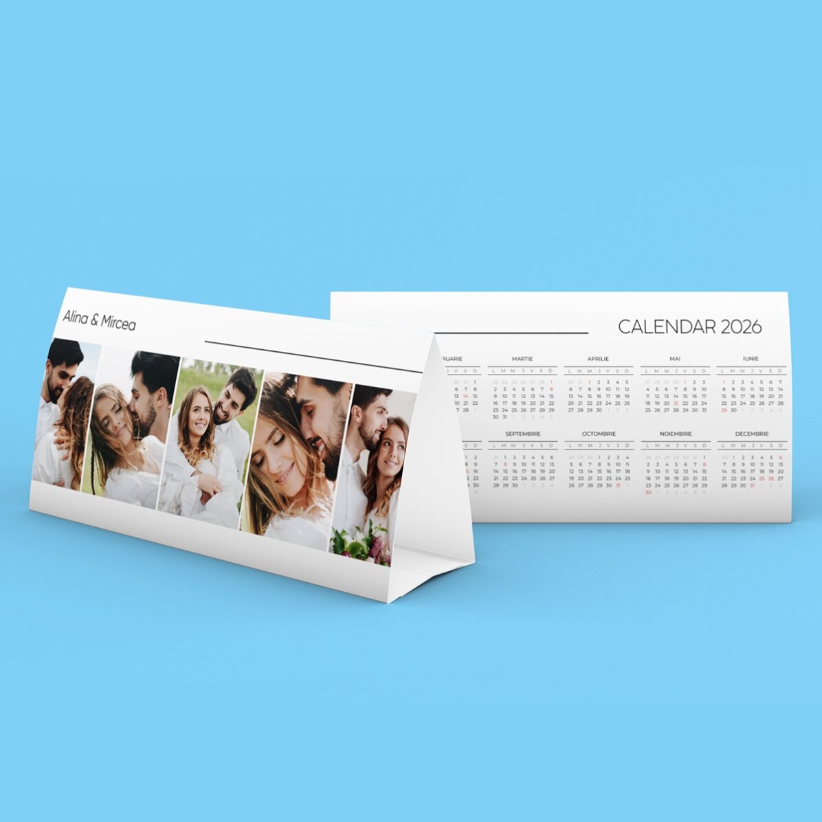 Calendrier de bureau 2026 personnalisé avec 5 photos et un texte