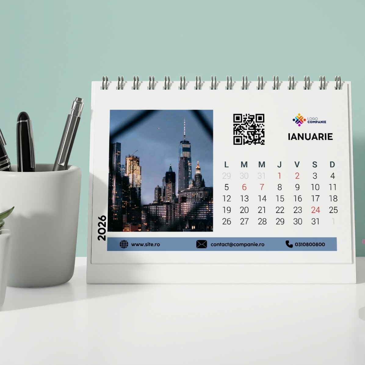 Calendrier de bureau personnalisé avec logo, photos, texte et code QR