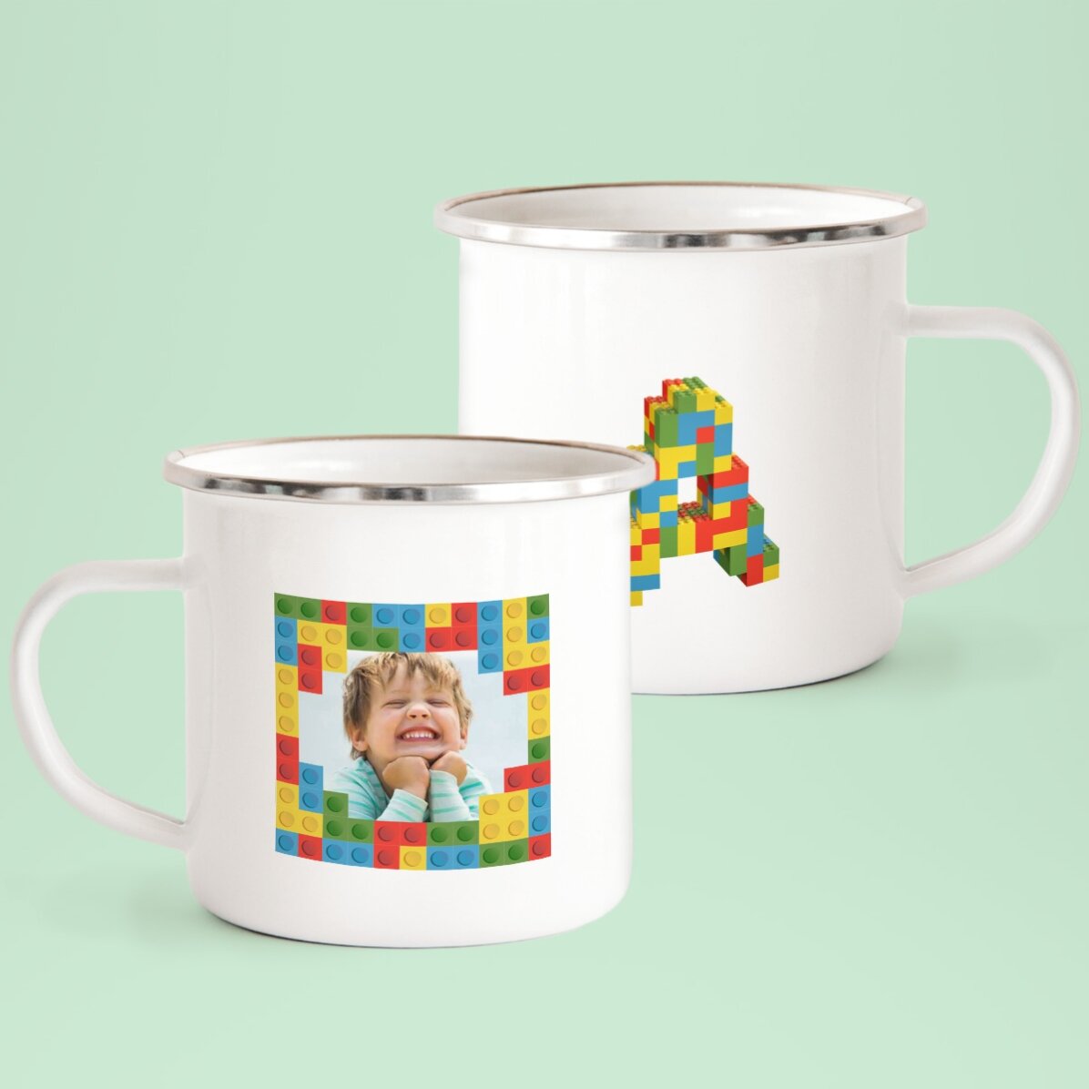 Tasse émaillée personnalisée avec une photo et une initiale - Lego