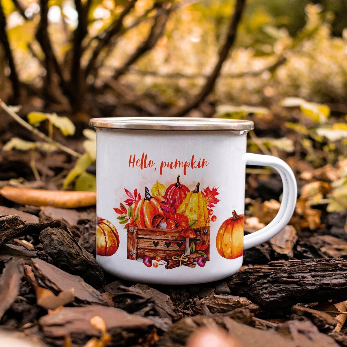 Tasse en métal émaillée avec inscription - Hello, pumpkin