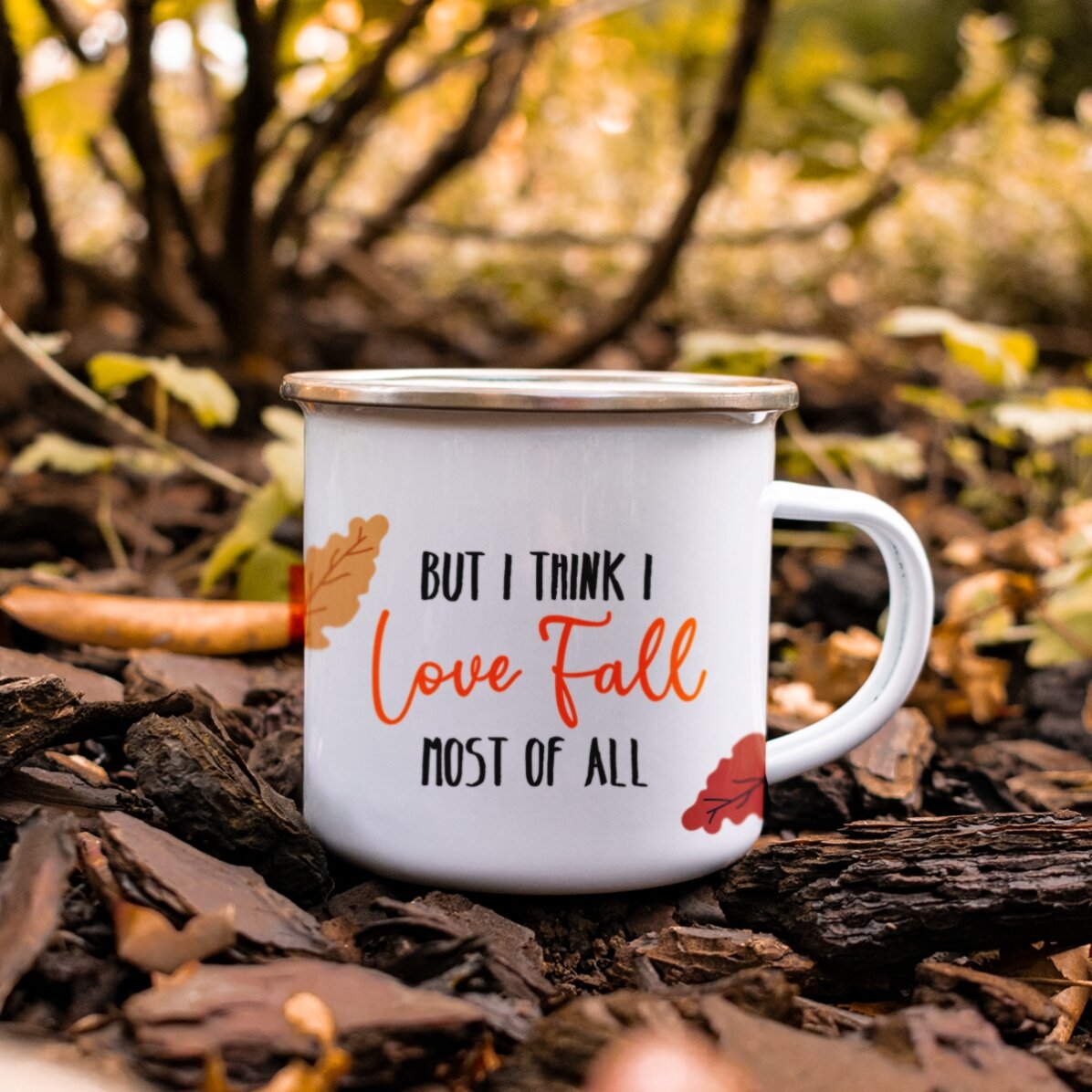 Tasse en métal émaillée avec inscription - « I love fall »