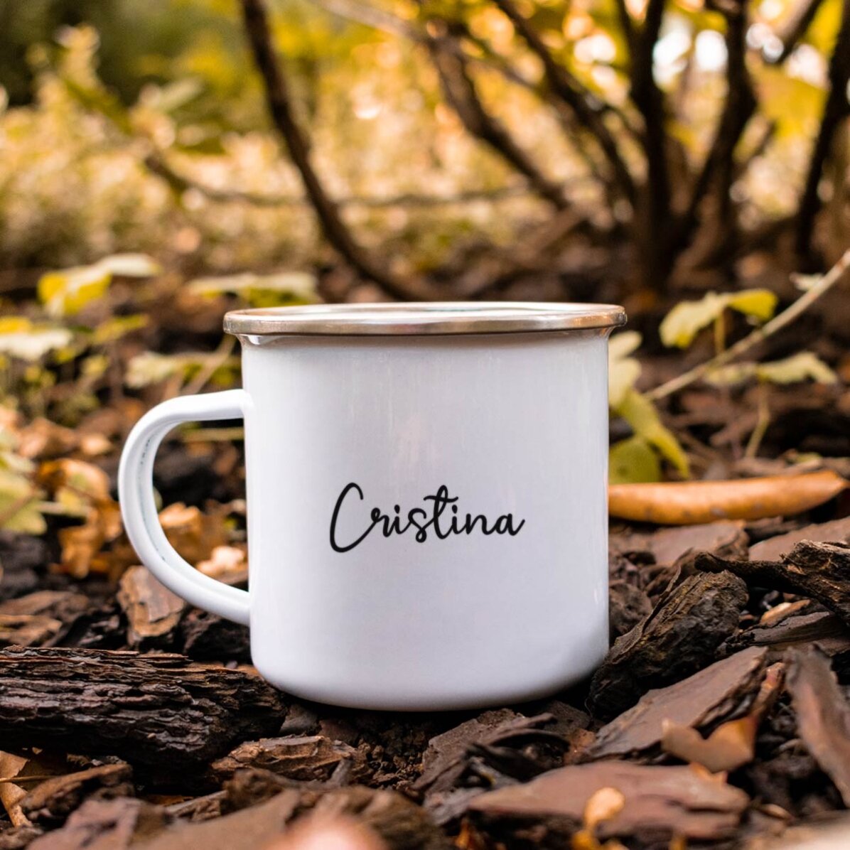 Tasse en métal émaillée avec inscription - « I love fall »