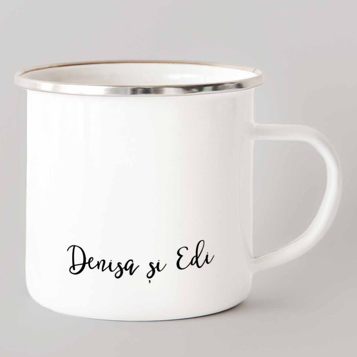 Tasse métallique émaillée personnalisée avec photo et texte - Modèle « cœur »