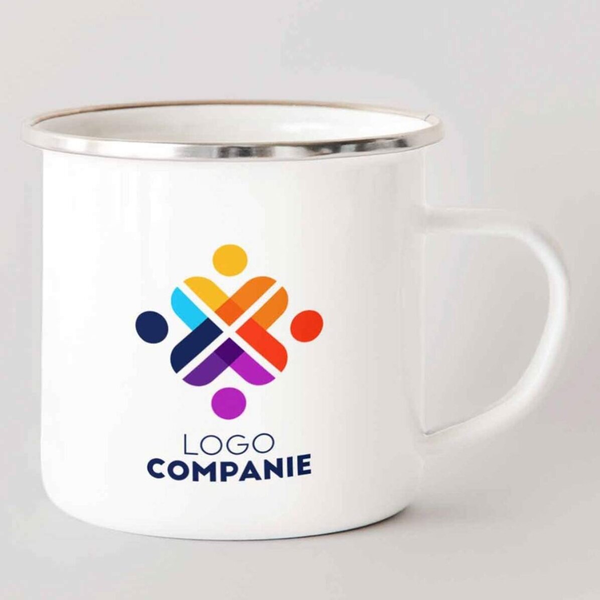 Tasse métallique émaillée personnalisée avec un logo des deux côtés