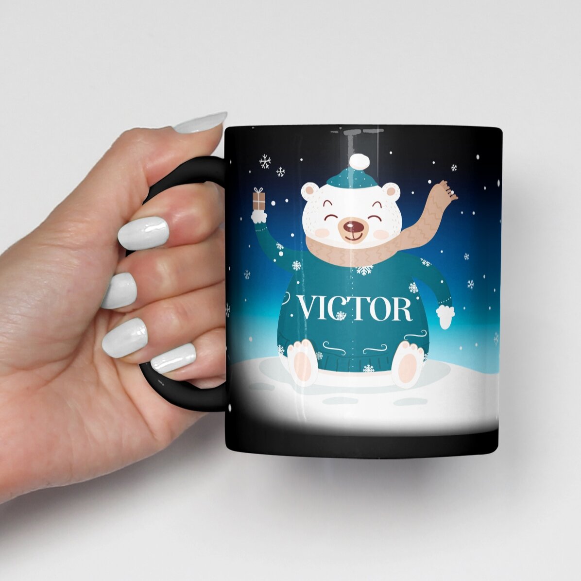 Tasse noire personnalisée avec votre nom et un texte - Happy Bear