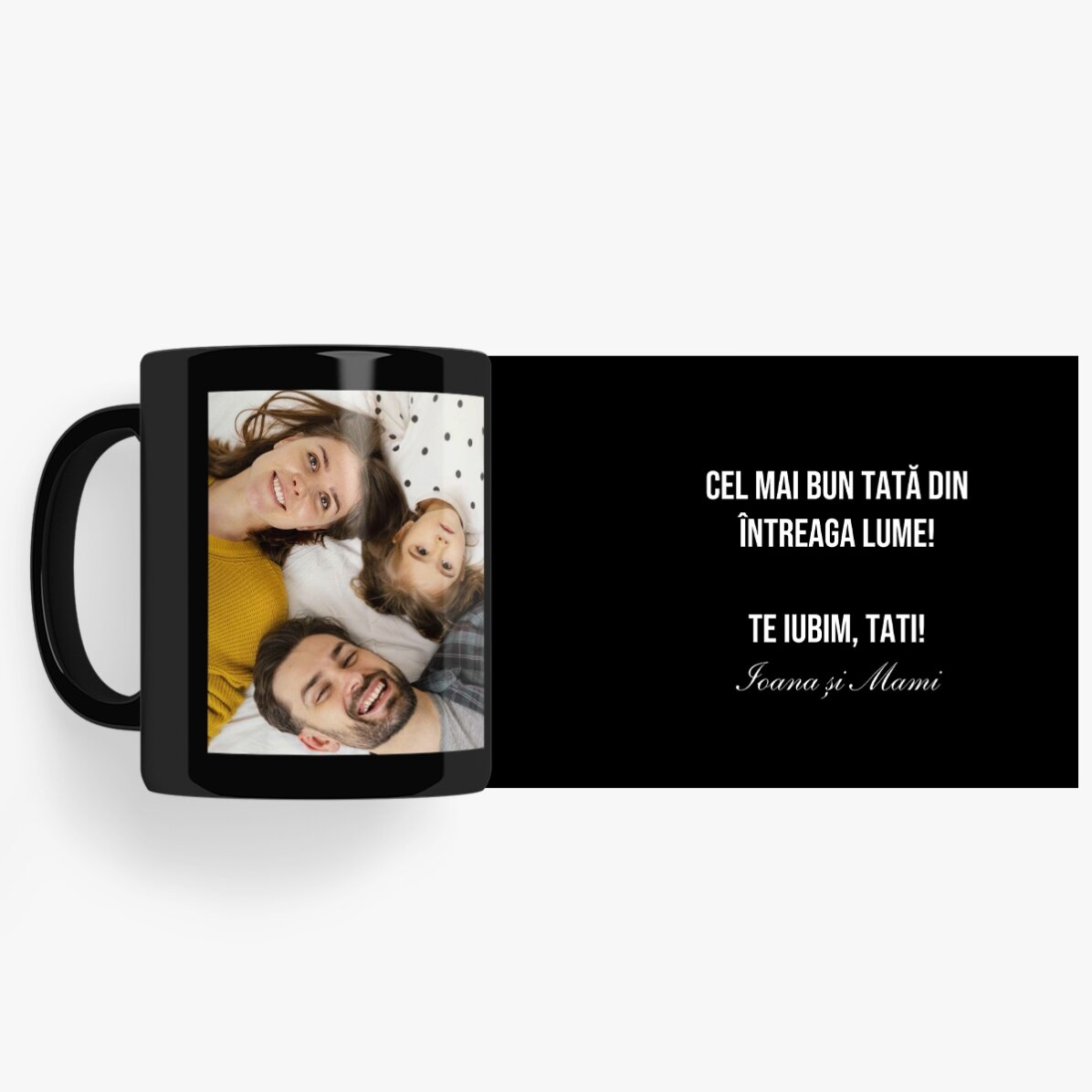 Tasse noire personnalisée avec une photo et un message