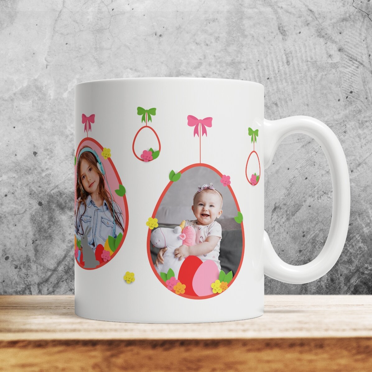 Tasse personnalisée avec 2 photos et un texte - Joyeuses Pâques