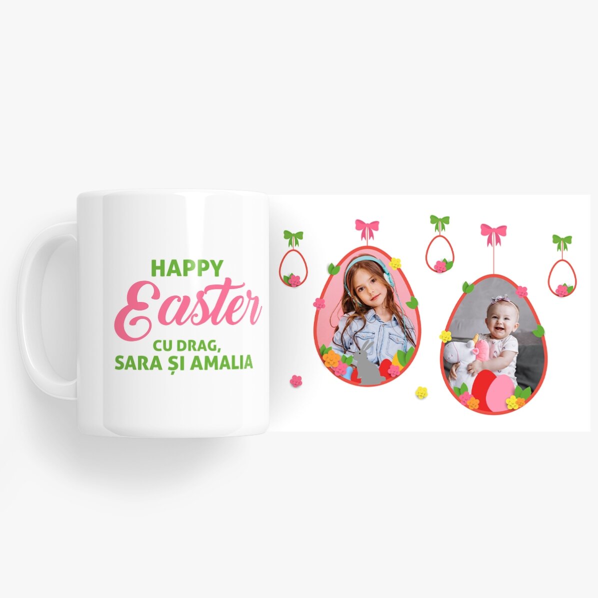 Tasse personnalisée avec 2 photos et un texte - Joyeuses Pâques