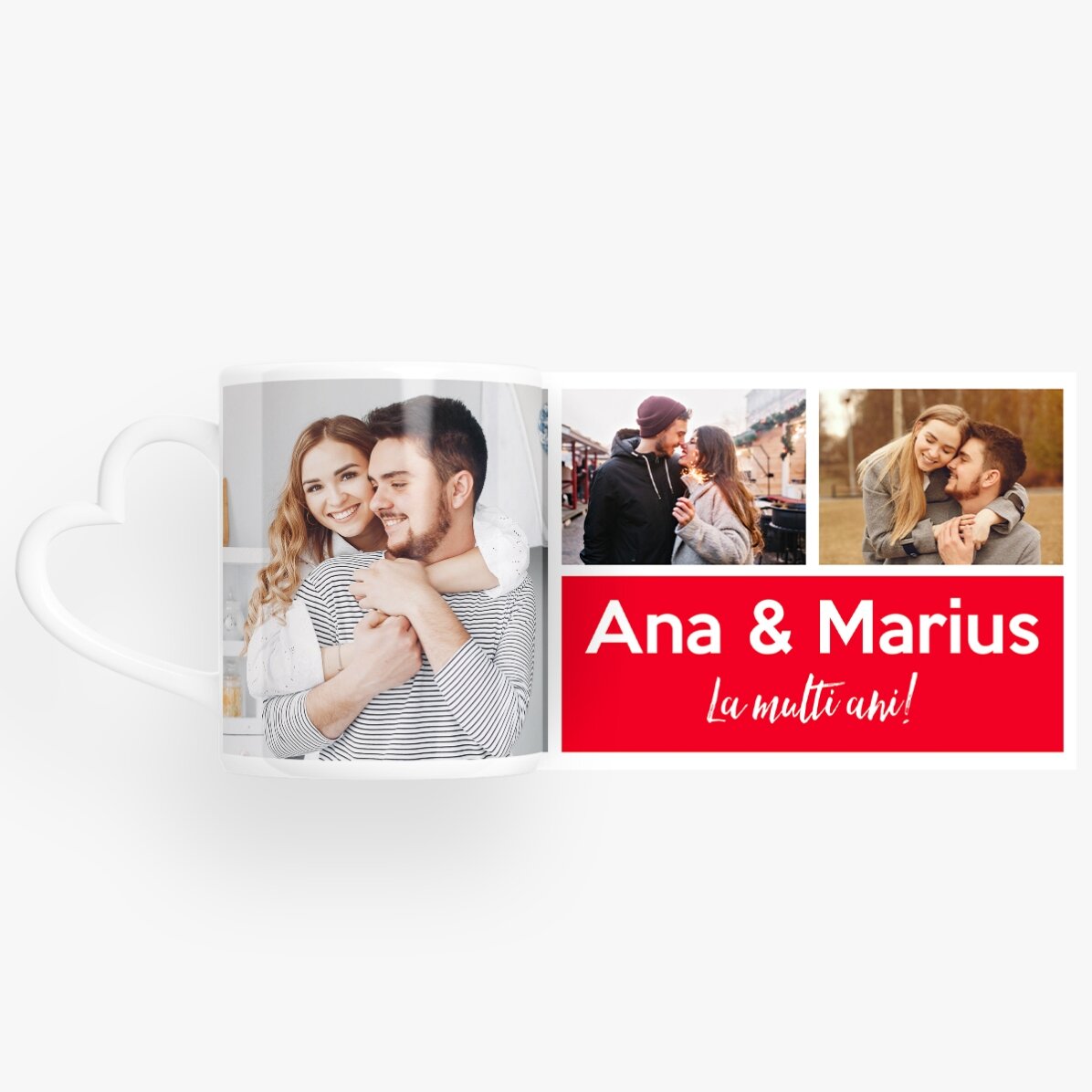 Tasse personnalisée avec 3 photos et un texte - modèle avec anse en forme de cœur