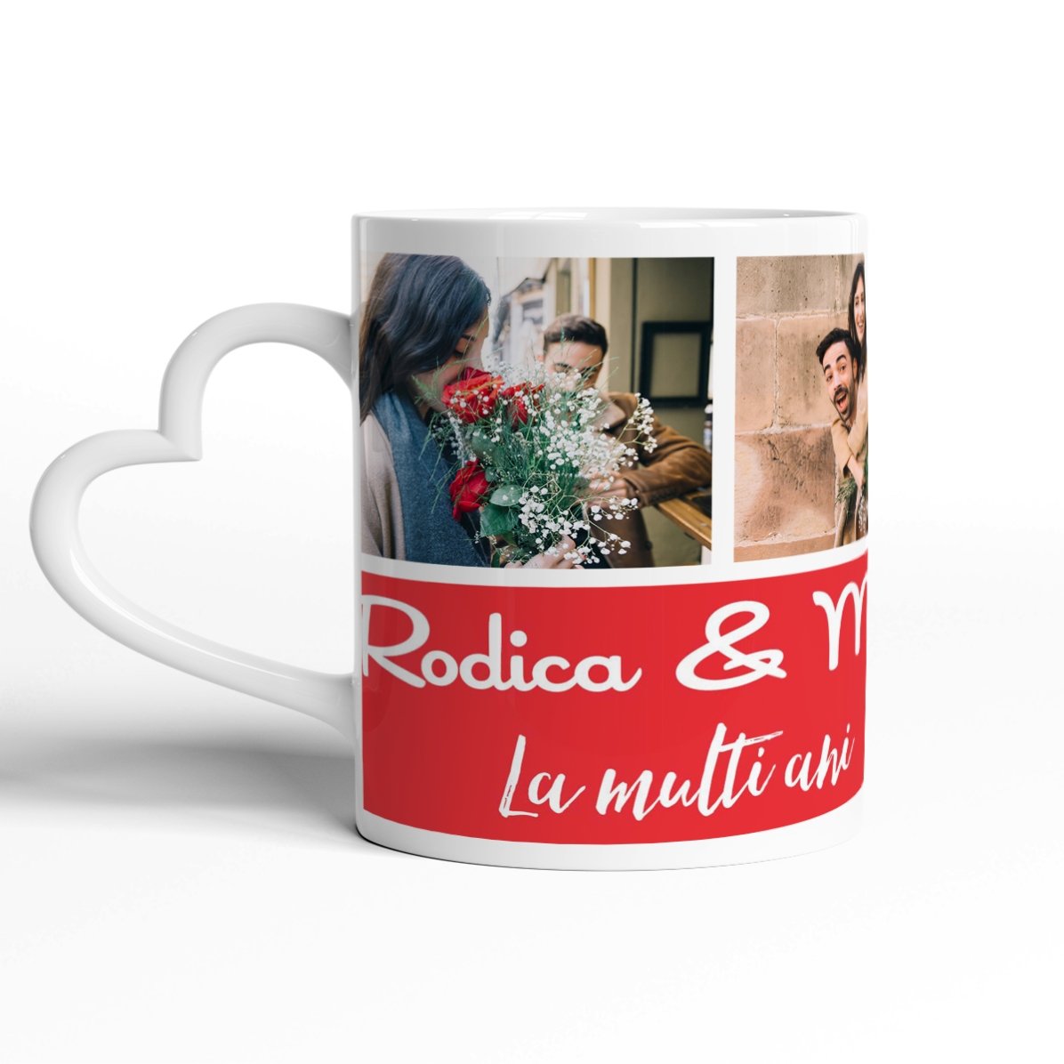 Tasse personnalisée avec 3 photos et un texte - modèle avec anse en forme de cœur