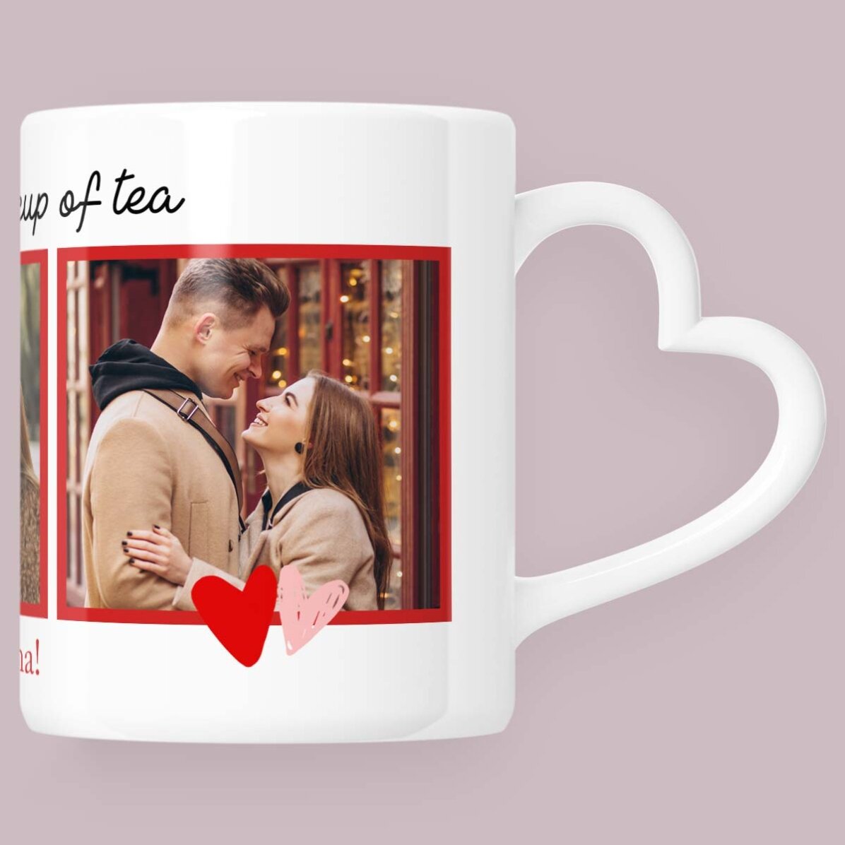 Personalised mug with 3 photos and text - My favourite - heart-shaped handle design
