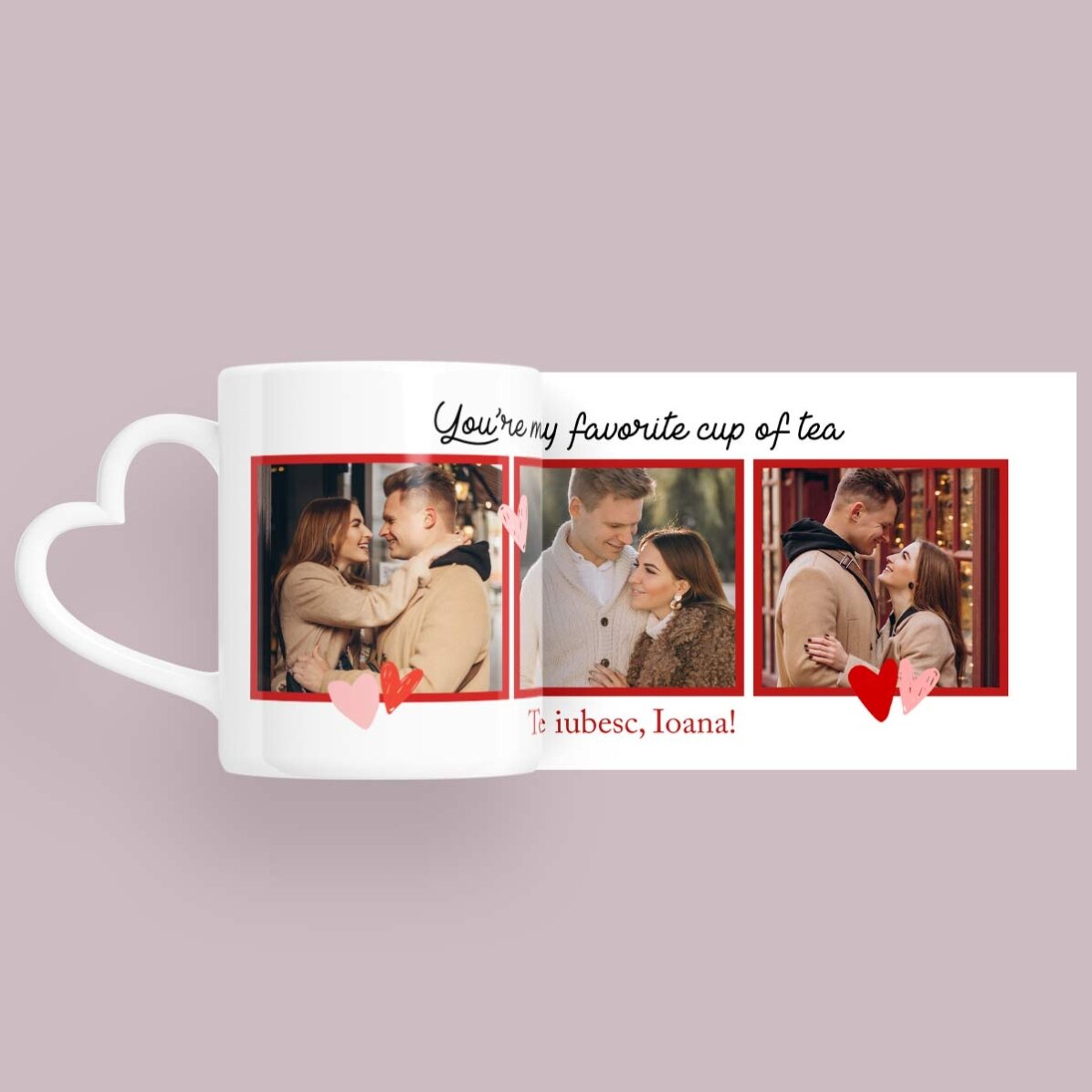 Personalised mug with 3 photos and text - My favourite - heart-shaped handle design