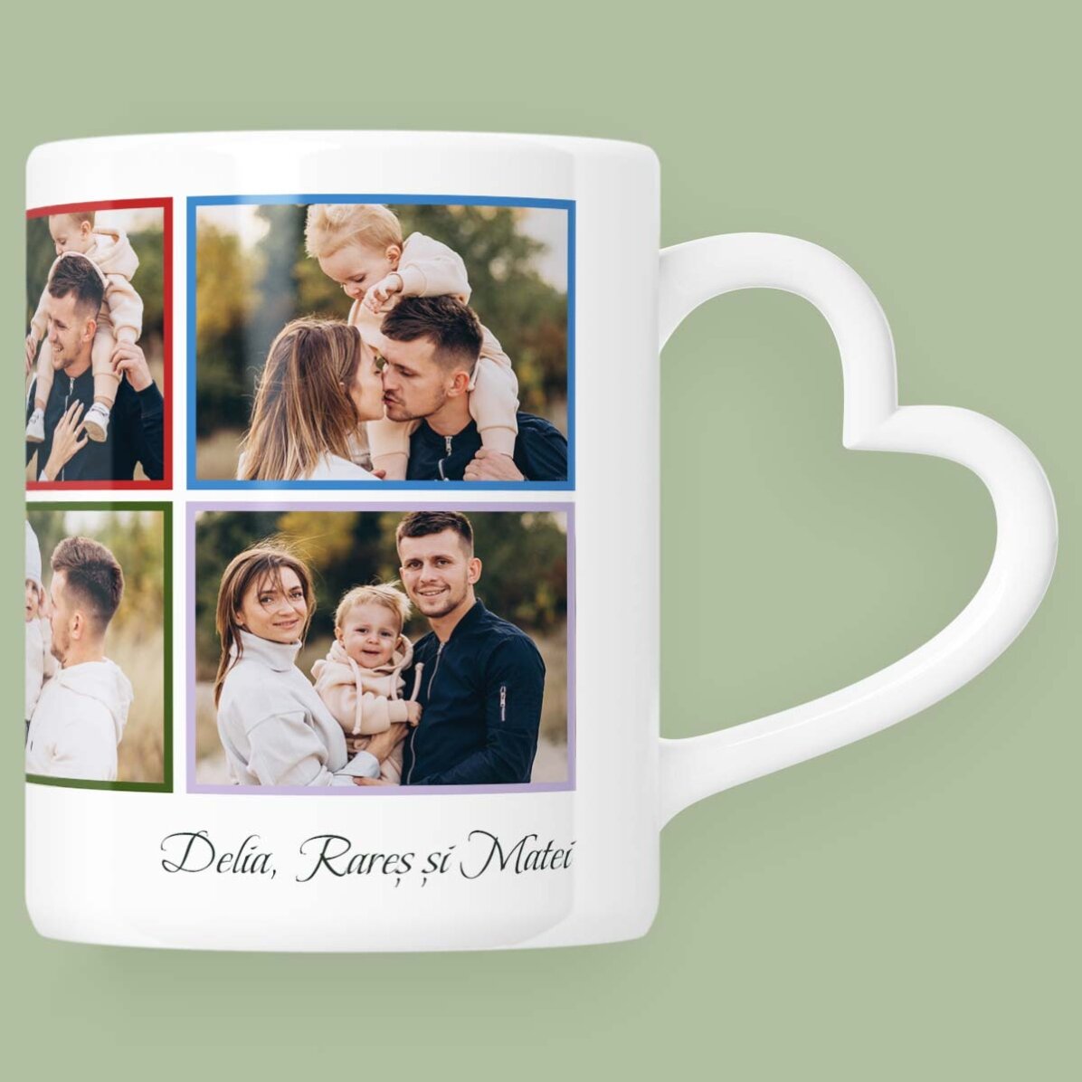 Tasse personnalisée avec 8 photos et un texte - modèle avec anse en forme de cœur